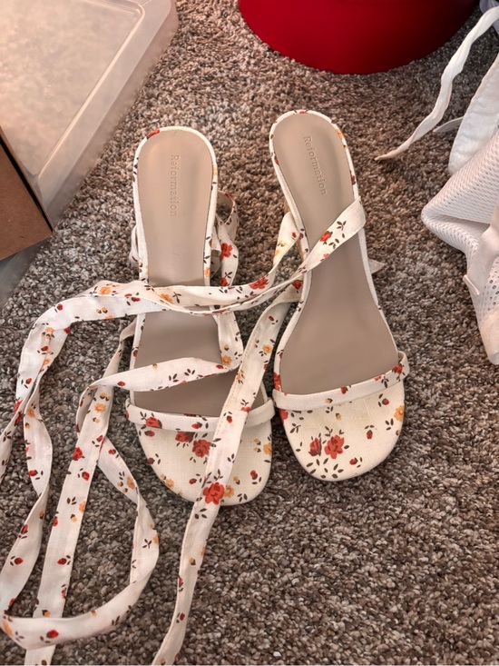 Reformation Shoes - Reformation Cream Floral Lace-Up Heeled Wedge Sandals